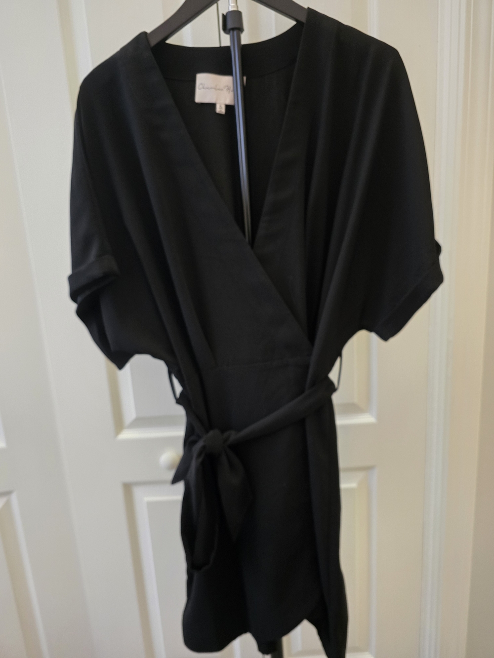 Charles Henry Black Wrap Mini Dress with Waist Tie